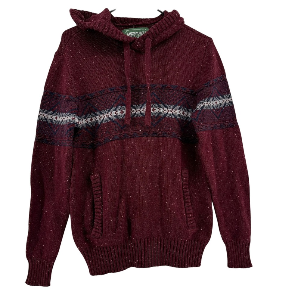 Vintage American Eagle Men's Red Speckled Fair Isle Knit Hoodie Sweater Size S - Picture 3 of 7